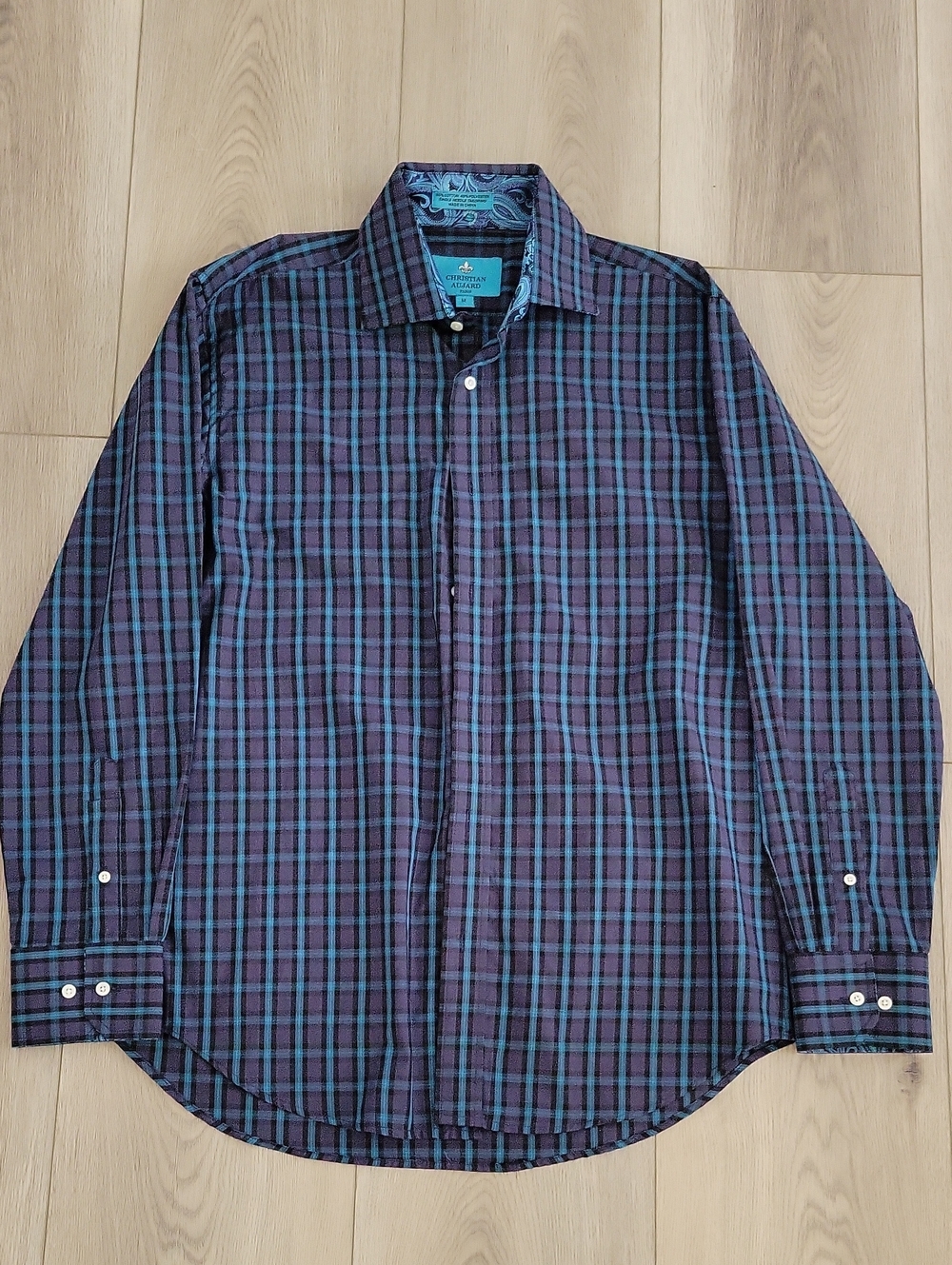 Christian Aujard Men's Navy and Teal Plaid Button-Down Shirt